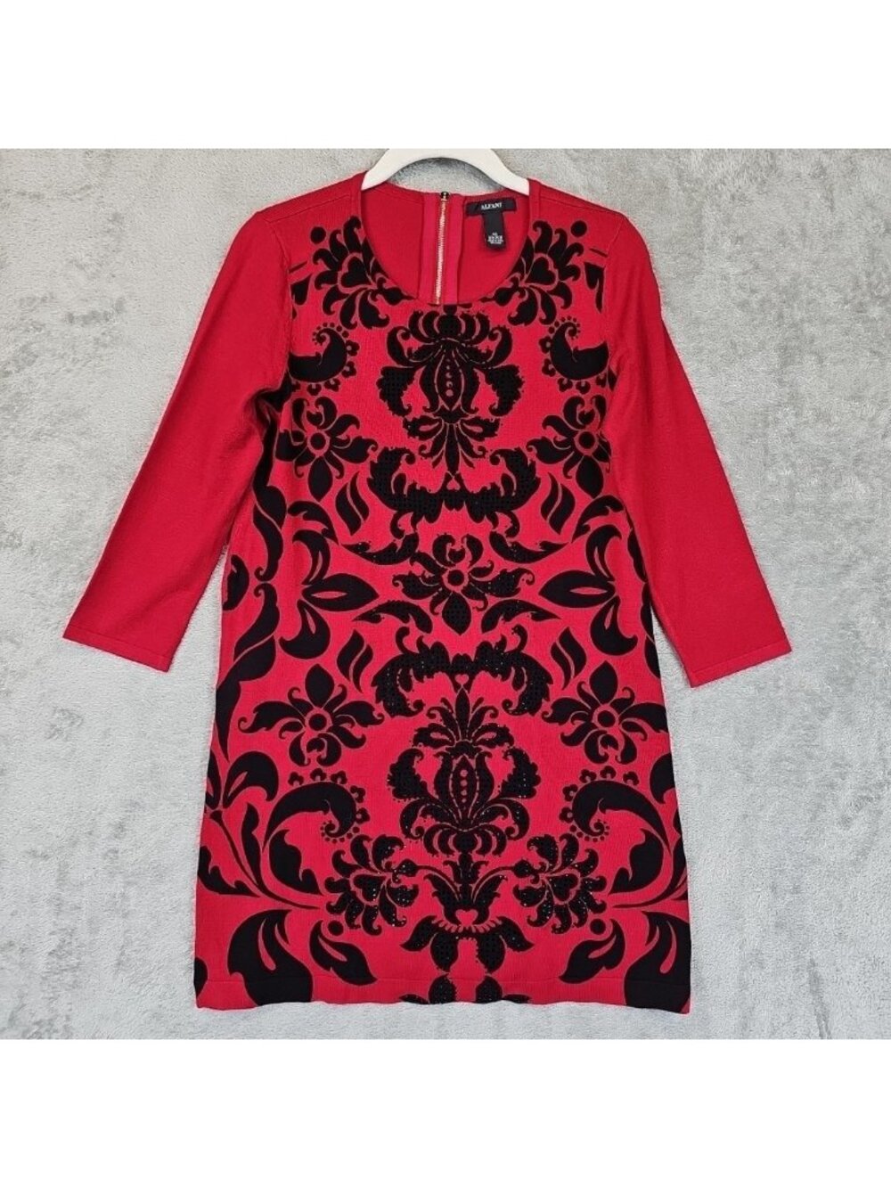 Alfani Dress Womens XS Red Floral Scoop Neck 3/4 Sleeve Shift Short Rhinestone